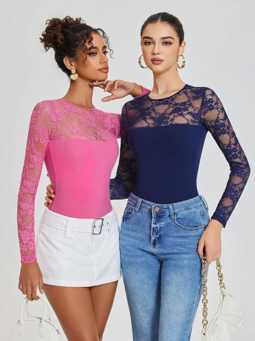 👑 Womens Navy Blue Long Sleeve Lace Crew Neck Slimming Outfits Bodysuit Tops - Picture 6 of 6